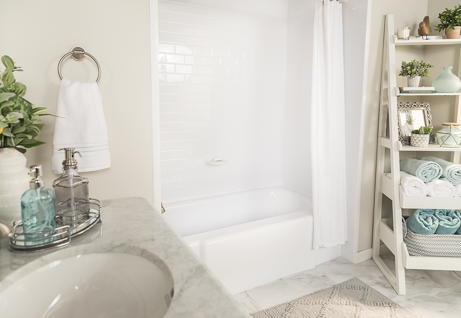 Bathroom interior in white and wood with a white bathtub, a toilet, and a built-in shelf for personal care items. a mockup